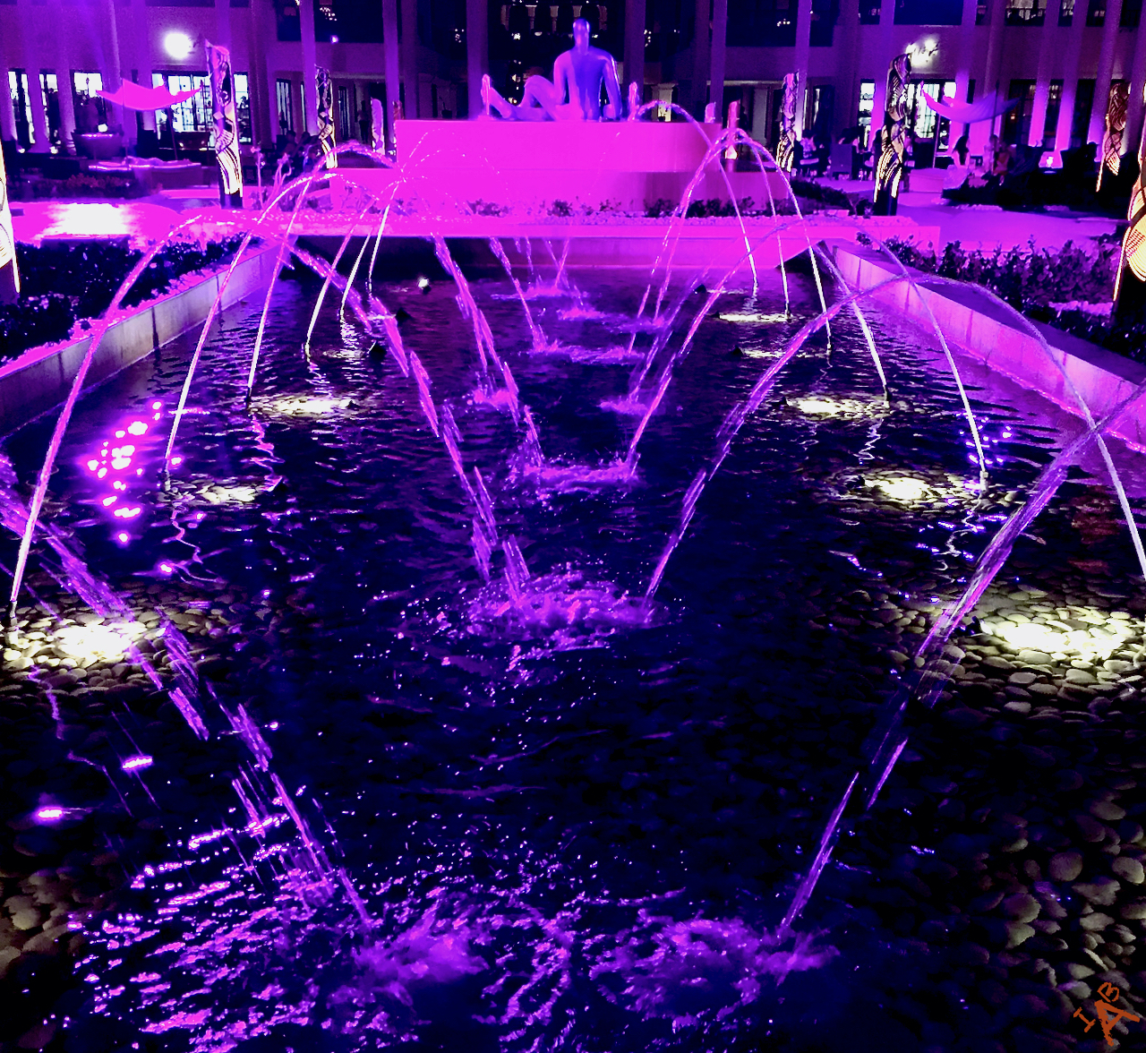 Resort fountain pool bathed in purple light.