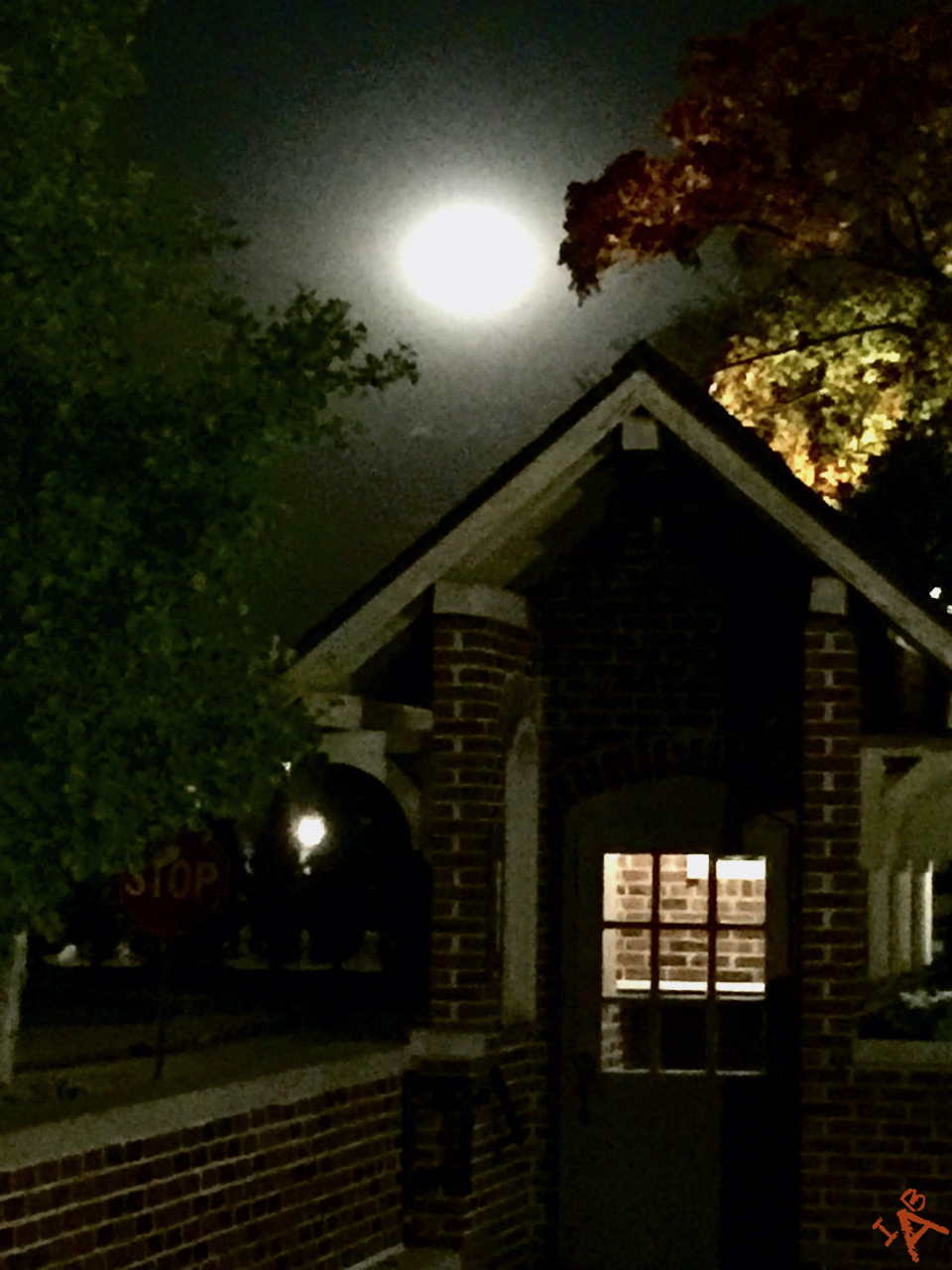 A camera phone looking moon glowing over a booth.